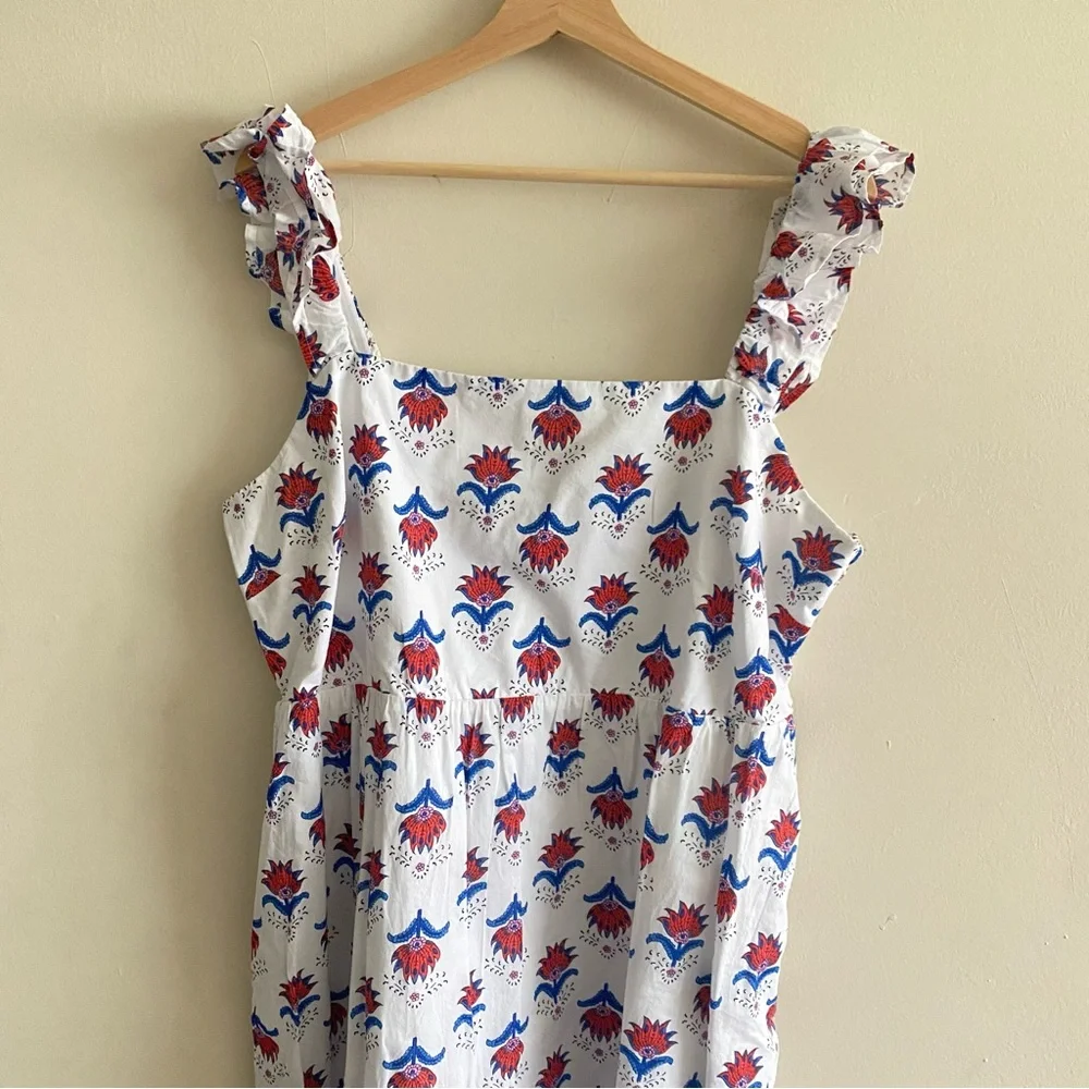 NEW J. Crew Square Neck Midi Dress in Floral Red White Blue Print - 18